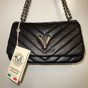 NWT Valentino Orlando Black Leather Chain Strap Handbag Purse Crossbody Evening